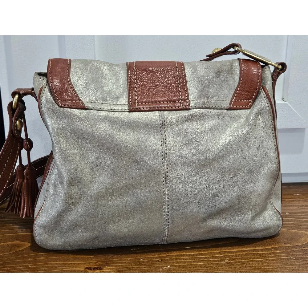 VTG Y2K Boho Chic Hobo SAK Metallic Gold Brown Leather Shoulder Bag Tassel